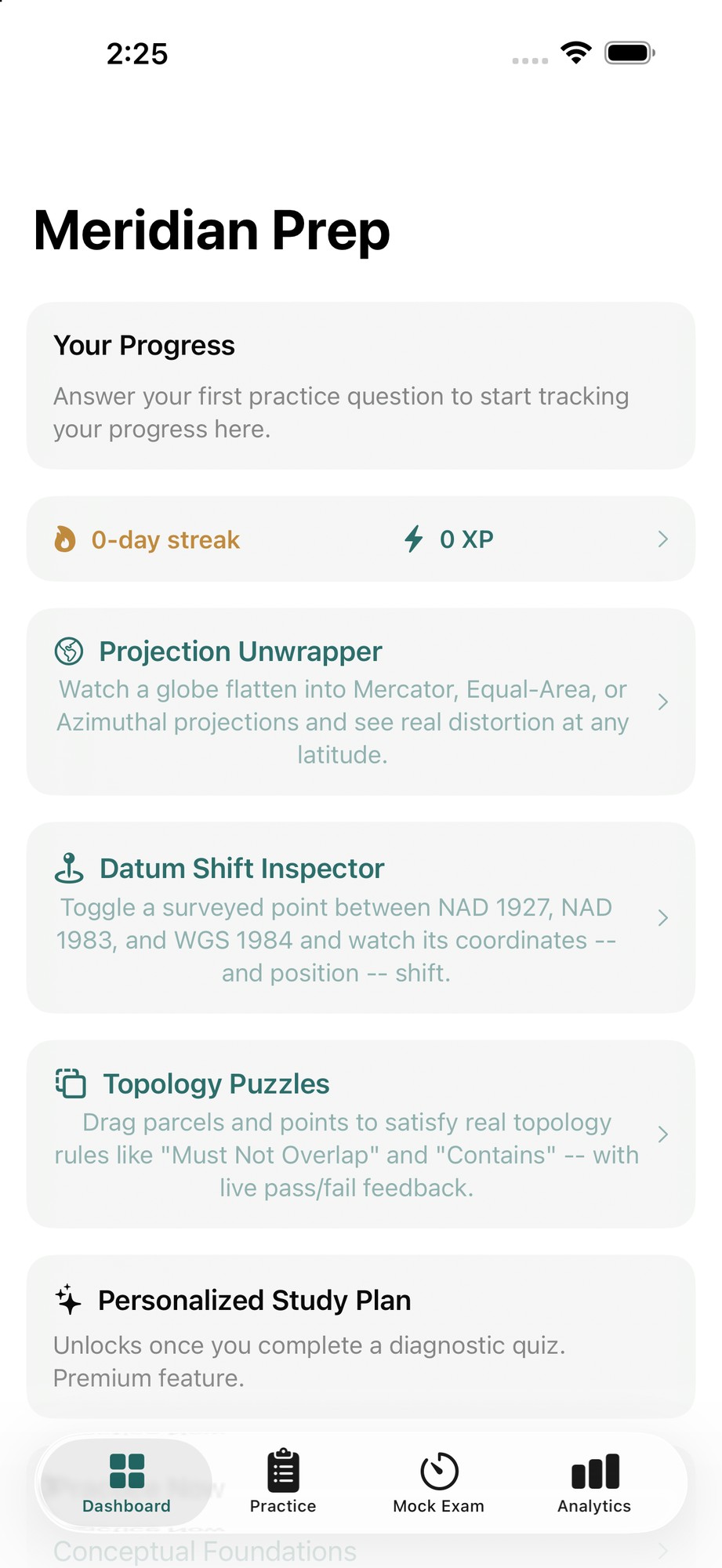 The Meridian Prep dashboard on iPhone, showing progress, streak and study exercises.